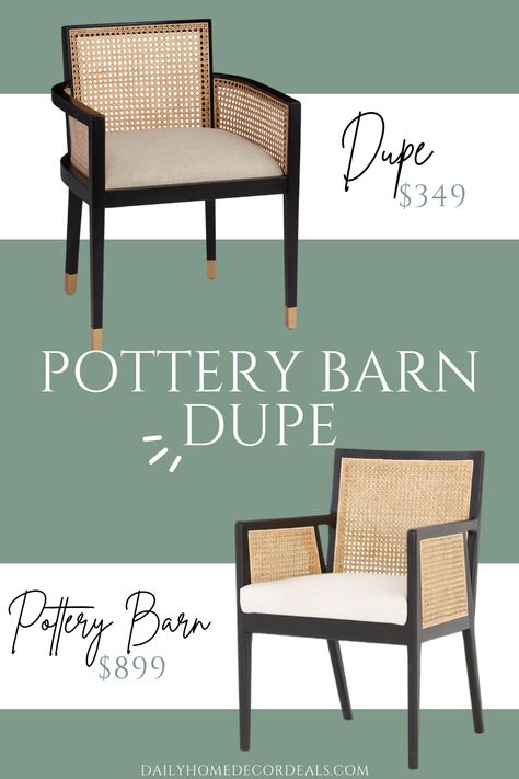 Pottery Barn Cane Dining Arm Chair Dupe! I found the most incredible dupe for Pottery Barn’s Lisbon cane dining armchair. In fact, I actually think I like the dupe even better. The look-a-like chair has the same black wood frame, square back and arms with cane detailing and ivory seat cushion. The dupe has a… Read more The post Pottery Barn Cane Dining Arm Chair Dupe appeared first on Interior Design for Beginners. Organic Modern Dining Room Wallpaper, Pottery Barn Lisbon Chair, Lisbon Cane Dining Chair, Caned Back Dining Chairs, Cane Dining Room Chairs, Cane Chair Dining Room, Pottery Barn Dining Room Ideas, Black Cane Dining Chairs, Cane Dining Room