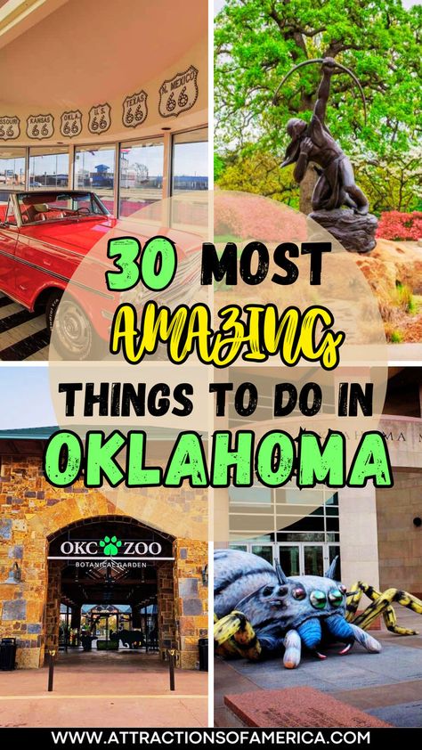 Image of Gilcrease Museum, Oklahoma City Zoo, Route 66 Museum and more with text reading 30 most amazing things to do in Oklahoma. Places To Visit In Oklahoma, Oklahoma Things To Do, Tulsa Oklahoma Things To Do In With Kids, Things To See In Oklahoma, Gloss Mountain State Park Oklahoma, Oklahoma Vacation Ideas, Things To Do In Tulsa Oklahoma, Things To Do In Oklahoma, Things To Do In Okc