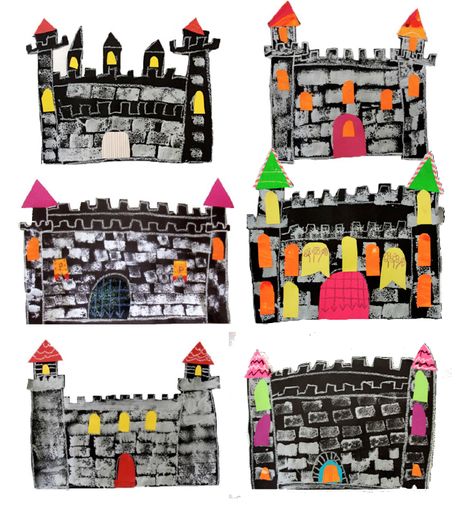 Easy stamped castle art project for kids Knights And Castles Topic, Castle Art Projects, Castles Topic, Fairy Tales Preschool, Castle Crafts, Fairy Tale Activities, Fairy Tale Crafts, Castle Project, Deep Space Sparkle