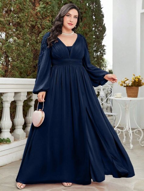 Plus Lantern Sleeve Split Thigh Chiffon Bridesmaid Dress | SHEIN USA Plus Bridesmaid Dresses, Masquerade Dress, Winter Gowns, Purple Long Dress, Purple Bridesmaid Dress, Long Sleeve Bridesmaid Dress, Dress Flowy, Blue Bridesmaids, Chiffon Long Sleeve