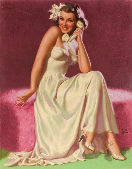 EARL MORAN (American, 1893-1984). Pin-Up in White. Pastel and watercolor on board. Rolf Armstrong, Earl Moran, Pin Up Vintage, Gil Elvgren, Pinup Art, Charcoal Drawings, On The Phone, Girl Posters, Vintage Pin Up