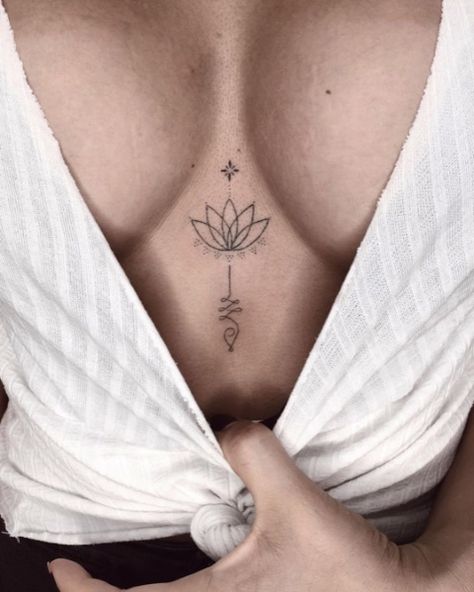 Sternum Tattoo Lotus, Women Sternum Tattoo, Lotus Unalome, Mandala Sunflower, Sternum Tattoo Design, Underboob Tattoo Designs, Small Chest Tattoos, Unalome Tattoo, Chest Tattoos For Women