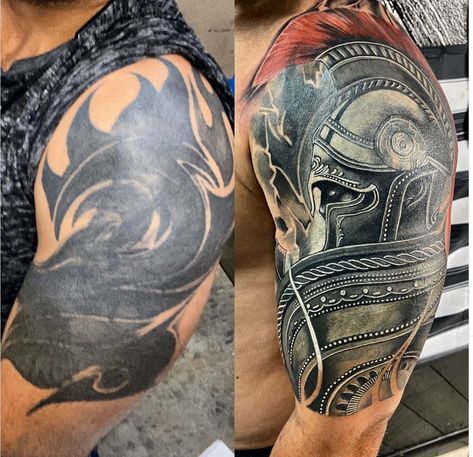 Spartan tattoo Shoulder Cover Up Tattoos Men, Coverup Tattoo Ideas For Men Arm, Spartan Tattoo Sleeve, Best Cover Up Tattoos For Men, Cover Up Tattoos For Men Arm, Shoulder Cover Up Tattoos, Tattoo Sleeve Cover Up, Arm Cover Up Tattoos, Cover Up Tattoos For Men