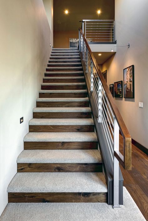 Stairs Ideas Carpet And Wood, Diy Carpeted Stairs Makeover, Carpeted Stairs To Wood Transition, Carpet On Stairs Only, Carpeted Basement Stairs, Patrick House, Stair Redo, Wood And Carpet Stairs, Flooring Lvp