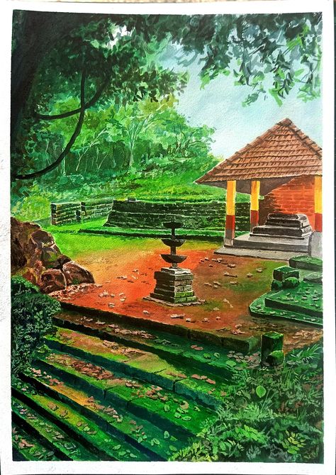 Poster colour painting of Kerala temple. Kerala Painting, Stairs Painting, Kerala Temple, Poster Colour Painting, Temple Drawing, Poster Color Painting, Painted Stairs, Colour Painting, Poster Colour