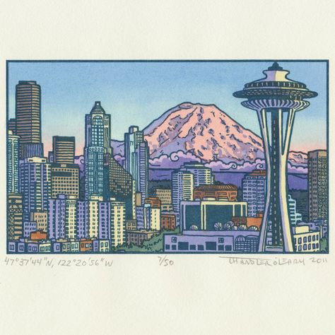 SEATTLE SPACE NEEDLE original hand colored letterpress print featuring Mt. Rainier. $60.00, via Etsy. Seattle Skyline Drawing, Seattle Skyline Painting, Skyline Drawing, Seattle Style, Seattle Space Needle, Class Art Projects, Deer Drawing, Letterpress Design, Art Journal Prompts