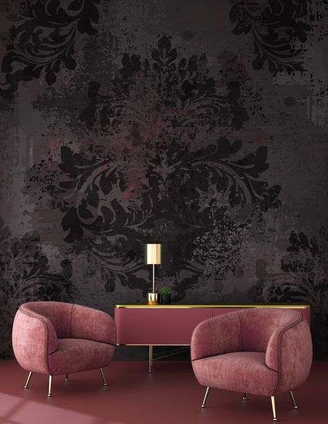 Pink Damask Wallpaper, Wallpaper Smooth, Moody Wallpaper, Adhesive Fabric, Pink Color Combination, Minimalist Bed, Pink Damask, 4 Wallpaper, Dark Home