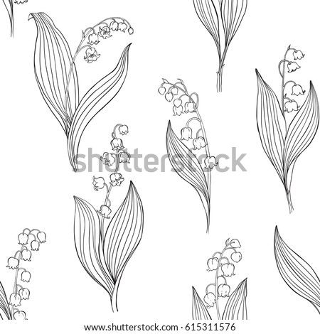 Lily of the valley. Seamless vector pattern. Black contour illustration on a white background. Hur Man Ritar Blommor, Trees Tutorial, Flower Flash, Valley Tattoo, Black Contour, Dove Tattoos, Lilies Of The Valley, Mandala Tattoos, Girl Back Tattoos