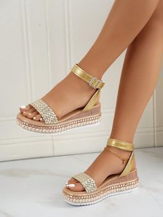 Gold Flat Sandals, Gold Platforms, Gold Wedges, Dr Shoes, Ankle Strap Wedges, Strap Wedge, Gold Flats, Stylish Sandals, Platform Wedge Sandals