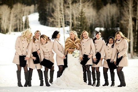 bridesmaids in coats | Ultimate Bridesmaid Snowboard Wedding, Winter Bridesmaid, Ski Wedding, Winter Wedding Bridesmaids, Winter Wedding Planning, Winter Bridesmaids, Winter Bridesmaid Dresses, Winter Wedding Favors, Group Of Women