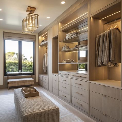 Transitional Closet Design, Master Closet Island With Bench, Women’s Walk In Closet Organization, Closet With Vaulted Ceiling, Master Closet Vanity, Jack And Jill Closet Ideas, Closet Room Luxury, Bedroom With Dressing Area, Luxury Master Closet