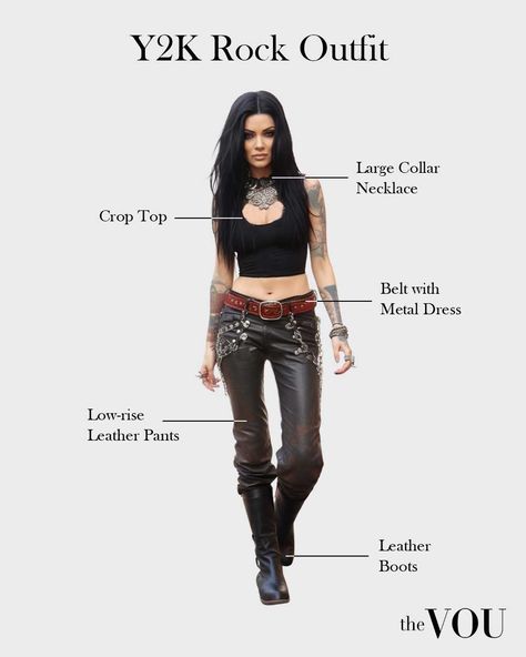 The Y2K Rock fashion outfits include leather jackets, band graphic tees, ripped jeans, darker-colored fishnet stockings, silver spiked bracelets, studded belts, and combat boots. Famous figures who embodied this style include Avril Lavigne and Amy Lee from Evanescence, who captured the fusion of Y2K aesthetics with rock elements in their class. Evanescence Outfits, Rock Fashion Style Women, Punk Rock Outfits For Women, Metal Outfits Women, Goth Types, 80s Rock Outfit, Rocker Girl Outfits, Gothic Outfits For Women, Women Hacks