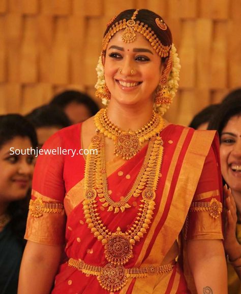 Nayanthara in 22k gold antique bridal jewelry set by Tanishq jewellery. wedding jewellery, nayanthara in tanishq jewellery ad Nayanthara Wedding, Tanishq Jewellery, Wedding Jewellery Set, South Indian Bride Saree, South Indian Bridal Jewellery, Bridal Sarees South Indian, Indian Bridal Jewellery, Gold Bridal Jewellery Sets, Wedding Saree Indian