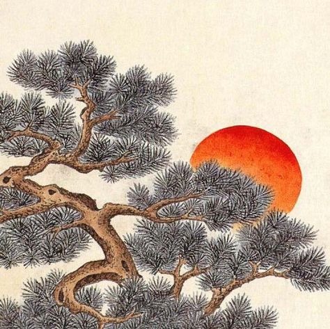 Minwha(Korean Folk art)-Pines and cranes by kimsingu on deviantART Korean Crane Art, Korean Tree Drawing, Korean Art Design, Japanese Pine Tree Art, Korean Folk Art Tattoo, Korean Folk Painting, Korea Art Draw, Minwha Korean, Korean Pine Tree