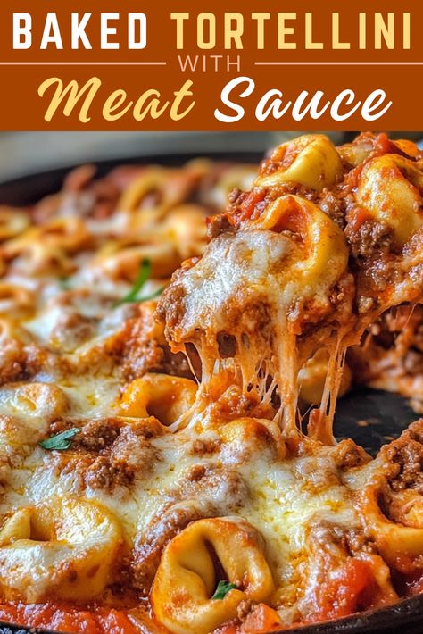 Baked Tortellini with Meat Sauce Cheesy Meat Sauce Baked Tortellini, Tortellini And Meatball Recipes, Tortellini With Red Sauce, Tortellini And Ground Beef Recipes, Meat Tortellini Recipes, Tortellini Recipes With Ground Beef, Beef Tortellini Recipes, Simple Garlic Bread Recipe, Buitoni Recipes