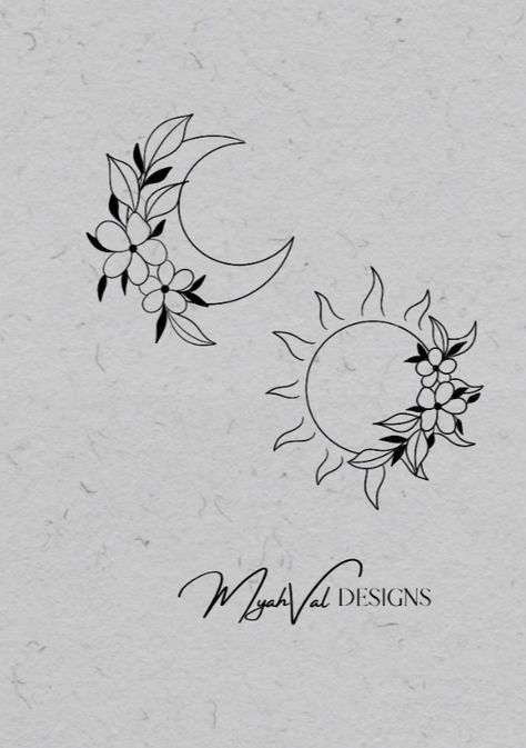 Moon And Sun Tattoo With Flowers, Moon And Crown Tattoo, Sun And Moon Tattoo Mom And Daughter, Tattoo Ideas For Above The Knee, Sun With Flowers Tattoo Simple, Sunshine Flower Tattoo, Night And Day Tattoos Ideas, Sun And Moon Tattoo With Flowers, Half Sun Half Flower Tattoo