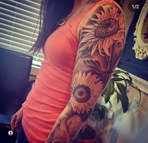 Cherry Blossom Tattoo Ideas, Sunflowers And Lilies, Clothes Tattoo, Nana Tattoo, Sunflower Tattoo Meaning, Tattoos Spiritual, Tatoos Woman, Sunflower Tattoo Sleeve, Arm Sleeve Tattoos For Women