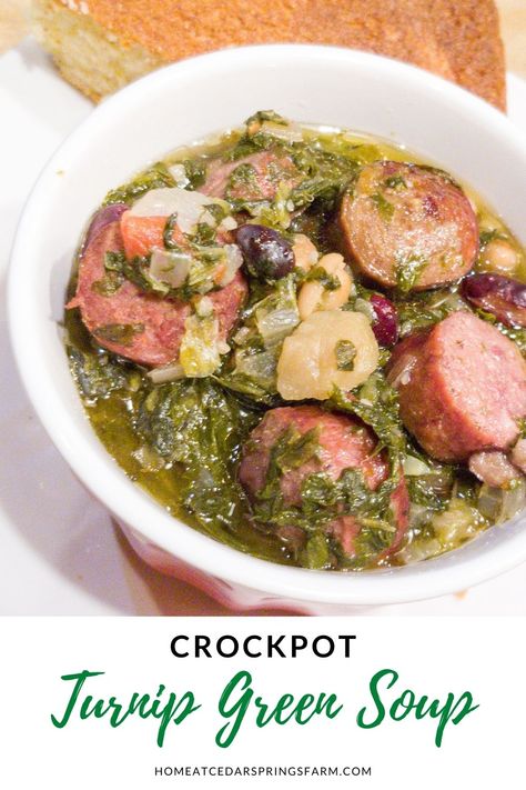 Greens Soup Recipes, Turnip Greens In Crockpot, Crockpot Turnips, Turnip Greens Soup, Turnip Green Soup Crockpot, Turnip Soup Recipes, White Bean Turnip Green Soup, Turnip Soup Crockpot, Slow Cooker Turnip Greens