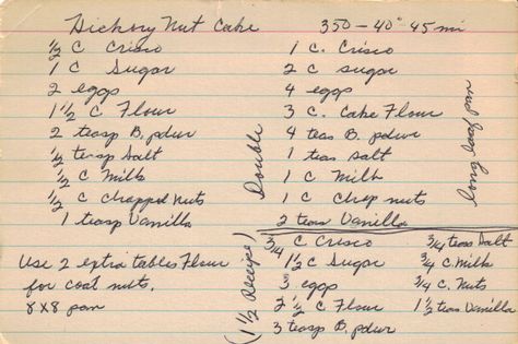 Grandmothers Recipes, Sheet Recipes, Campfire Games, Cooking Friends, Nut Cake, Dipped Cookies, Old Hickory, Handwritten Recipes, Nut Recipes