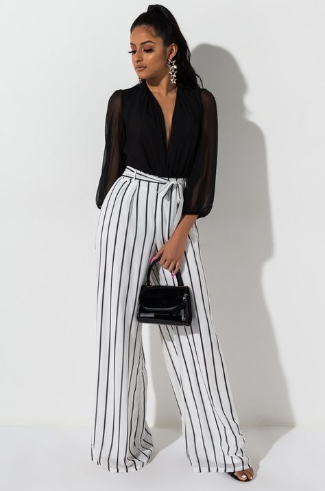 Stripped Pants Outfit, Black And White Striped Pants, Palazzo Pants Outfit, Sheer Bodysuit, Striped Wide Leg Pants, Belted Pants, Easy Breezy, Striped Tie, White Tie