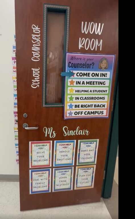 Where Is The Counselor Door Sign, School Counseling Office Design, Elementary School Counselor Office Decor, Counselor Door Decorations, School Counselor Office Door, Elementary School Counselor Office, Guidance Counselor Office, Counseling Office Design, School Counselor Door