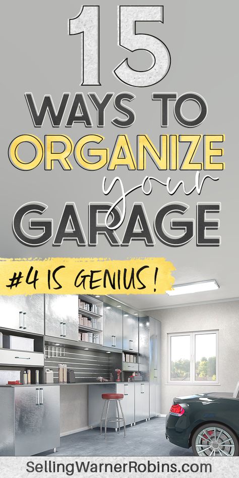 Is your garage cluttered and disorganized? Do you have so much stuff there's not even room for your car? If so, you'll want to take a look at these 15 genius organization ideas for a much more organized garage. #realestate #organization #organizedhome #organize #organizationtips #organizingideas How To Organize Your Garage On A Budget, Garage Organization Design, 2 Car Garage Organization Ideas, Garage Wall Organization Ideas, 3 Car Garage Storage Ideas, Clean Garage Ideas Organizing, Budget Friendly Garage Organization, Two Car Garage Organization, Cleaning Out Garage Tips