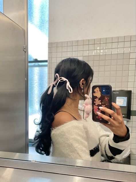 Sleek Pigtail Braids, Ribbon Pigtails Aesthetic, Pigtail Hairstyles With Ribbon, Two Ponytails With Ribbon, Pig Tails With Ribbon, Pigtail With Ribbon, Low Pigtails Aesthetic, Low Pig Tails Hairstyles, Coquette Pigtails