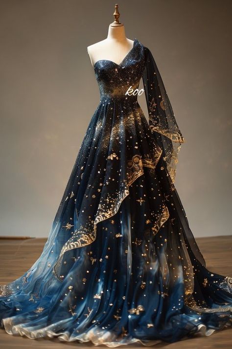 Fairytale Inspired Dress, Star Formal Dress, Cocktail Blue Dress, Prom Dresses Stars, Star Wedding Dresses, Star Inspired Dress, Fantasy Star Dress, Star Goddess Outfit, Gold And Blue Wedding Dress