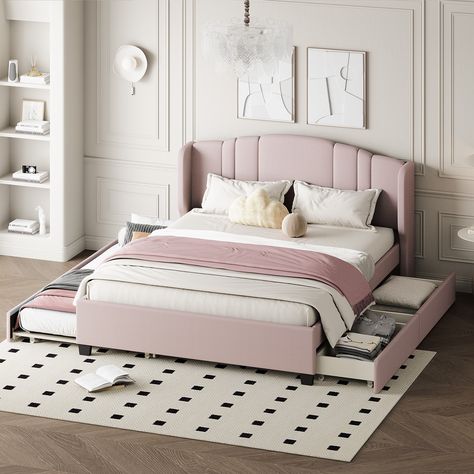 Product Details: Overall Product Dimension: 86"L X 65"W X 43"H Size: Queen Weight Capacity: 500LBS Number of Slats: 10 Product Material: Plywood+MDF+Linen Mattress not included. Pink Bed, Led Beds, Shaped Headboard, Twin Trundle, Led Bed Frame, Bed Platform, Upholstered Daybed, Wingback Headboard, Twin Bed Frame