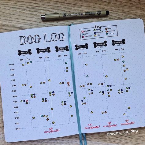 Dog Log to keep track of the dog I’ve been fostering for a few weeks! 🐶 : bulletjournal Bujo Pet Tracker, Dog Diary Ideas, Service Dog Training Log, Pet Journal Ideas, Dog Training Journal, Dog Journal Ideas, Animal Fostering, Journalism Inspiration, Dog Checklist