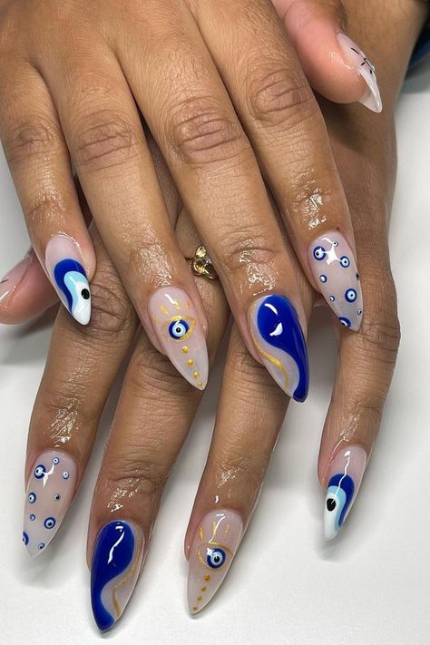 Dark Blue Nails Evil Eye, Evil Eye White Nails, Greek Inspo Nails, Greek Eye Nail Art, Evil Eye Nail Art Design, Gel Nails Evil Eye, Evil Eye Gel Nails, Evil Eye Almond Nails, Greek Eye Nails