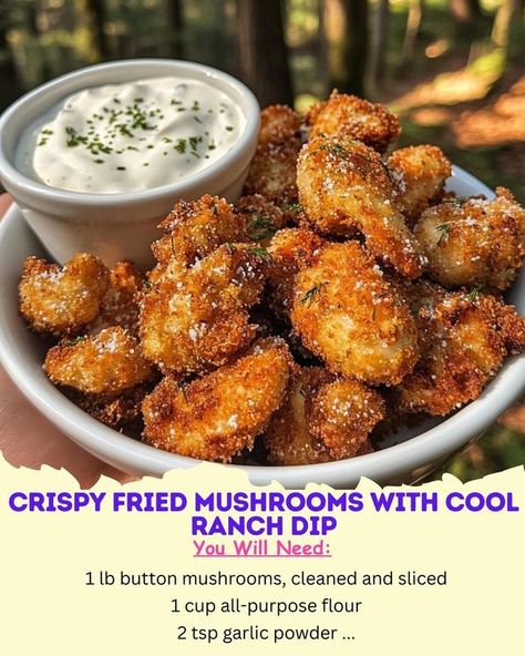 The Savory Secrets Society | Crispy Fried Mushrooms with Cool Ranch Dip | Facebook Crispy Fried Mushrooms With Cool Ranch Dip, Crispy Fried Mushrooms With Ranch Dip, Ranch Mushrooms, Deep Fried Mushrooms, Mushroom Side Dishes, Fried Mushrooms, Button Mushrooms, Ranch Dip, Garlic Mushrooms