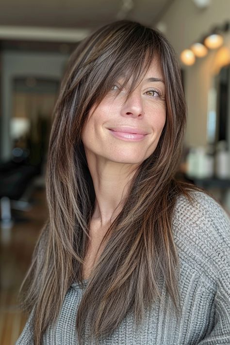 34 Chic Hairstyles for Women Over 40 with Bangs in 2024 – CreativeBooster Bangs Around The Face, Long Hair With Fringe Over 40, Layered Hair With Curtain Bangs Straight, Hair With Long Bangs And Layers, Butterfly Bangs Long Hair, Long Hair Sweeping Bangs, Lots Of Layers And Curtain Bangs, Fringe Bangs With Side Part, Side Part With Long Bangs