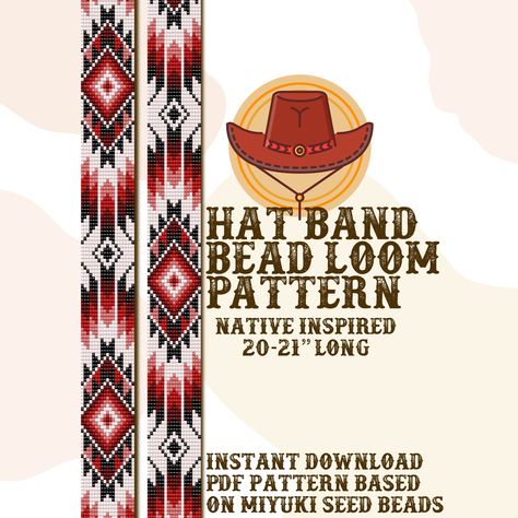 Native-inspired hat band bead loom pattern ro make a perfect hatband. Pattern is based on Miyuki seed beads 11/0 palette but also suitable to be used with any other calibrated seed beads. Note that beads you use affect on size of hat band you use, so make measures while beading. Bead colors: 5 Approximate size of the finished product: * 1.01" = 19 columns * 20.87" = 303 rows Materials needed: * Bead loom or frame * Seed beads * Seed bead needle * Thread for loom beading Pattern contains: * Bead Free Beaded Hat Band Patterns, Beaded Hat Band Patterns, Bead Hat, Beaded Belts Patterns, Loom Designs, Beaded Hat Bands, Native Beading Patterns, Bead Loom Designs, Bead Loom Pattern