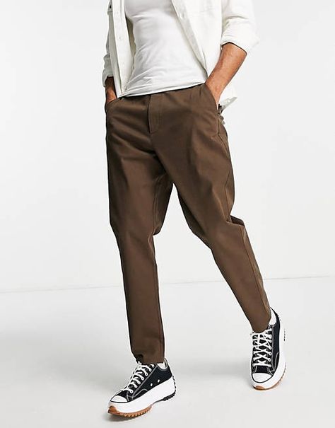 Chino Pants Men Outfits, Brown Chino Pants, Tapered Chinos, Brown Chinos, Chino Pants Men, Chino Pants, Pants Men, Brown Fashion, Parachute Pants