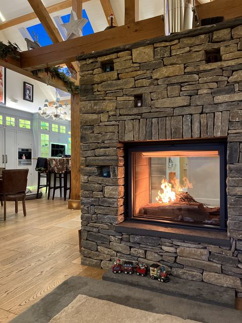 Room Seperator Fireplace, Double Sided Wood Burning Stove, Walk Around Fireplace, Two Sided Fireplace Ideas, Double Sided Fireplace Ideas, Double Sided Fireplace Living Room, Fireplace Between Kitchen And Living, Stuv Fireplace, Inset Log Burners