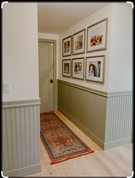 Painting Wainscoting Ideas Living Room, Paneling Ideas For Walls, Bead Board Paneling Walls, Sage Beadboard, Green Wainscoting Living Room, Half Wall Headboard, Green Bead Board Walls, Wainscoting Color Ideas, Beadboard Half Wall