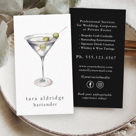 $27.40 | Martini Cocktail Professional Bartender #professional bartender, mixologist, simple minimal modern, elegant classy artistic, martini with olives, private party bartender, wedding bartender, corporate events bartender mixologist, bartender social media handle, barkeep drink server alcohol Bartending Business Cards, Bartender Business Cards, Bartender Business Card Ideas, Simple Martini, Bartender Wedding, Martini With Olives, Wedding Bartender, Bartending Business, Mobil Bar