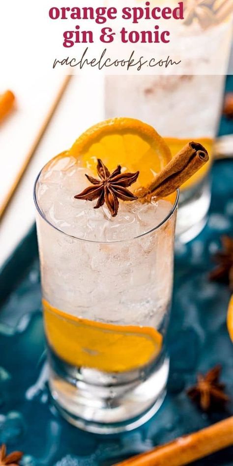 Try an orange gin and tonic with cinnamon for a fall twist on a classic cocktail. Sweet naval orange slices, spicy cinnamon stick, and star anise pair so well with the botanicals of gin and the bitter notes of tonic water. Orange Garnish, Cinnamon Cocktail, Gin Tonic Recipe, Pomegranate Mojito, Cinnamon Recipe, Cranberry Margarita, Cocktail Gin, Flavoured Gin, Tonic Recipe