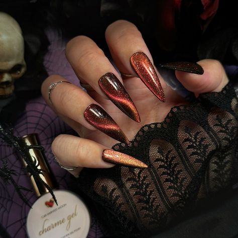 Swipe to watch the NEW Enchanted Chameleon Cat Eye Charme Gels color shift 😻✨ Are you loving the new gels? Vote in the comments 👇 Comment “ENCHANTED” for the direct link to shop! 🔗 Save & share for spooky Halloween & fall nail inspo! 🍁🎃 Follow @daily_charme for more nail trends! 💅 #cateyenails #spookynails #velvetnails #colorshiftingnails #nailarttrends #diynails #nailpoll #nailtech #nailartsupplies #nailart #gelnails #nails #fallnails #halloweennails #halloween2024 #beetlejuicenails #hallo... Cat Eye Polish Halloween Nails, Cat Eye Nails For Fall, Pointy Fall Nails, Burnt Orange Cat Eye Nails, Autumn Nails Cat Eye, Dark Pink Cat Eye Nails, Black And Orange Cat Eye Nails, Cateye Halloween Nail Designs, Fall Cats Eye Nails