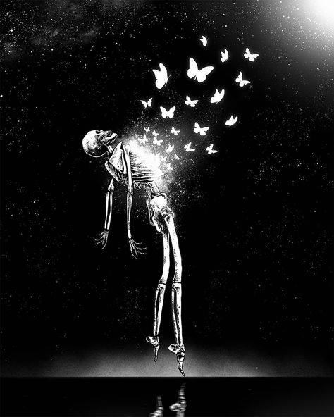 Junaid Mortimer shared a photo on Instagram: “"Metamorphosis" . . . #newstart #newbeginnings #skeleton #skeletonart #blackworkartists…” • See 271 photos and videos on their profile. Gothic Bio For Instagram, Skeletons Wallpaper Aesthetic, Butterflies Illustration, Metamorphosis Art, Skeleton Artwork, Skeleton Love, Skeleton Illustration, Butterfly Illustration, Skull Lover