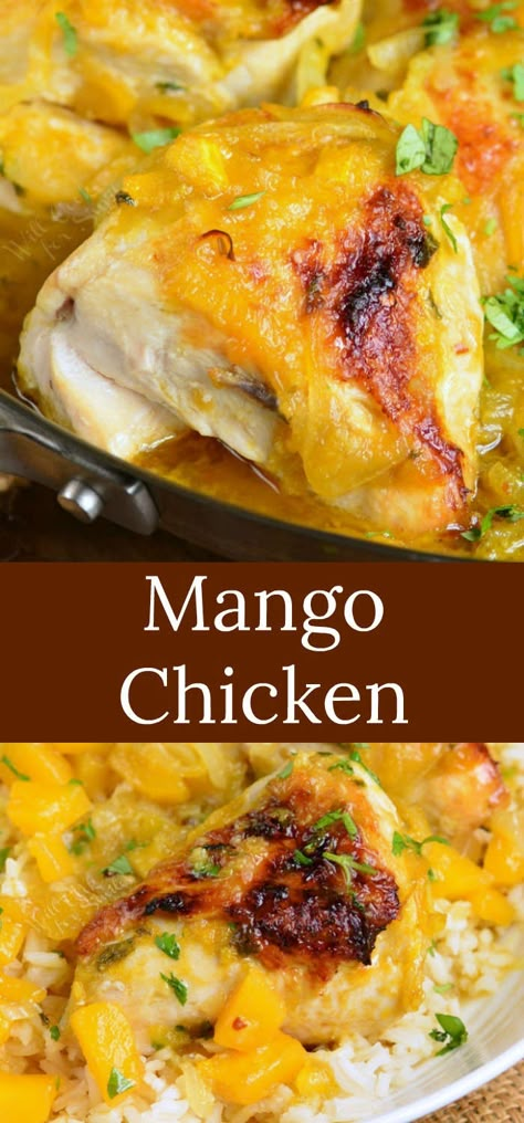 Mango Chicken recipe is a delicious baked chicken cooked with sweet and spicy chunky mango sauce. It takes about an hour and perfectly goes with coconut rice. #chicken #bakedchicken #mangochicken #rice #chickenandrice Baked Mango Chicken Recipes, Mango Chicken And Rice, Mango Coconut Chicken, Mango Chicken Recipes Easy, Keto Mango Recipes, Coconut Rice Chicken, Mango Recipes For Dinner, Recipes With Mango, Mango Sauce Recipe