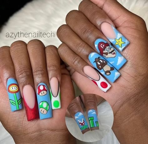 Super Mario Brother Nails, Mario Kart Nail Art, Mario Brother Nails, Super Mario Bro Nails, Super Long Nail Designs, Mario Bro Nails, Super Mario Bros Nail Art, Mario Cart Nails, Super Mario Nails Art