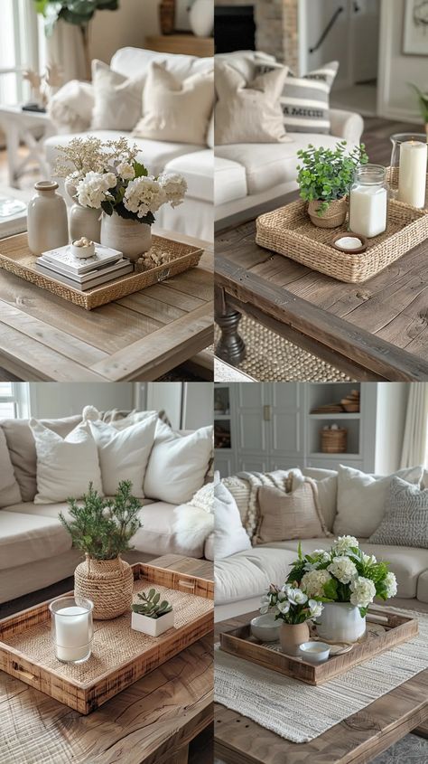 26 Best Coffee Table Decor Ideas You Need to Try in 2024 - TrendyDesign Square Coffee Table Decor, Minimalist Coffee Table Decor, Square Coffee Tables Living Room, Modern Coffee Table Decor, Farmhouse Coffee Table Decor, Coffee Table Living Room Modern, Modern Farmhouse Coffee Table, Country Coffee Table, Coffee Table Arrangements