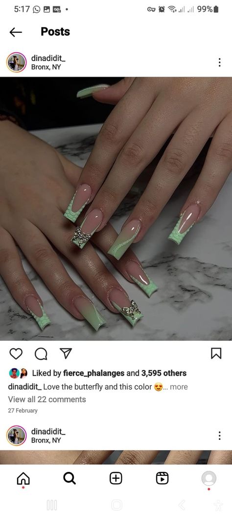 Nail Designs In Green, French Tip Freestyle Nails, Green And White French Tip, French Tip Freestyle, Green French Tip, Freestyle Nails, Green French, White French Tip, Dope Nail Designs