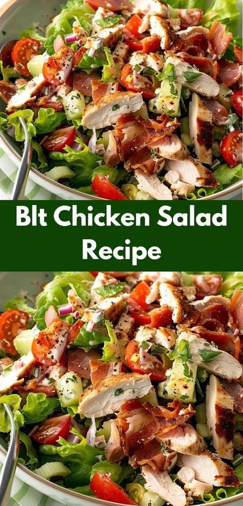 Want chicken recipes? Try our BLT Chicken Salad Recipe! A unique chicken salad that's healthy and perfect for any meal. Enjoy this easy salad recipe. Chicken Salad Recipe Lettuce, Salad And Chicken Recipes, Yummy Salads For Lunch, Salads For Meals, Chicken In Salad Recipes, Salads Recipes With Chicken, Salad Recipes With Chicken Healthy, Hearty Chicken Salad, Salads Recipes Lunch