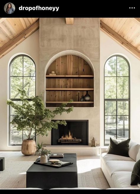 High Ceiling Beams Living Room, Mountain Living Room, Apartment Ideas Aesthetic, Fireplace Inspiration, Stone Fireplaces, Bg Design, Beige Living Rooms, Hearth Room, Home Fireplace