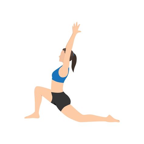 Woman doing Low lunge pose anjaneyasana exercise. Flat vector illustration isolated on white background Anjaneyasana Pose, Low Lunge Yoga, Low Lunge, Flat Vector Illustration, Flat Vector, Home Workouts, At Home Workouts, Vector Art, White Background