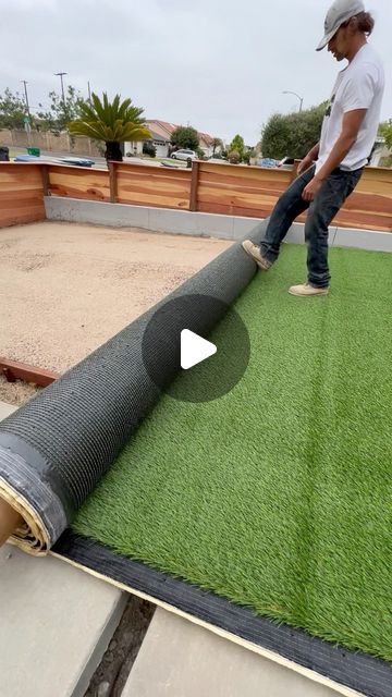 How To Install Fake Grass Artificial Turf, Astroturf Play Area, Turf Installation Diy, Grass And Concrete Backyard, Backyard With Turf Ideas, Turf Over Concrete, Turf Play Area Backyard, Installing Turf Lawn, Small Turf Backyard