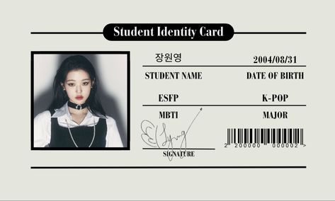 ☆ wonyoung ive kpop student card Student Id Card Aesthetic, Student Identity Card, Student Card, Student Id, School Id, Id Card Template, Night Routine, Yearbook, Cute Cartoon Wallpapers